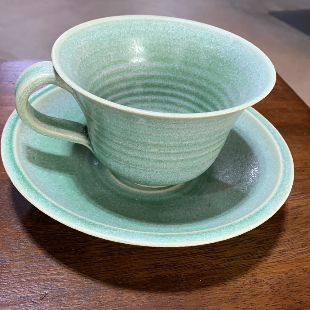Extra Large Green Handmade Pottery Cup & Saucer - Picture 1 of 6